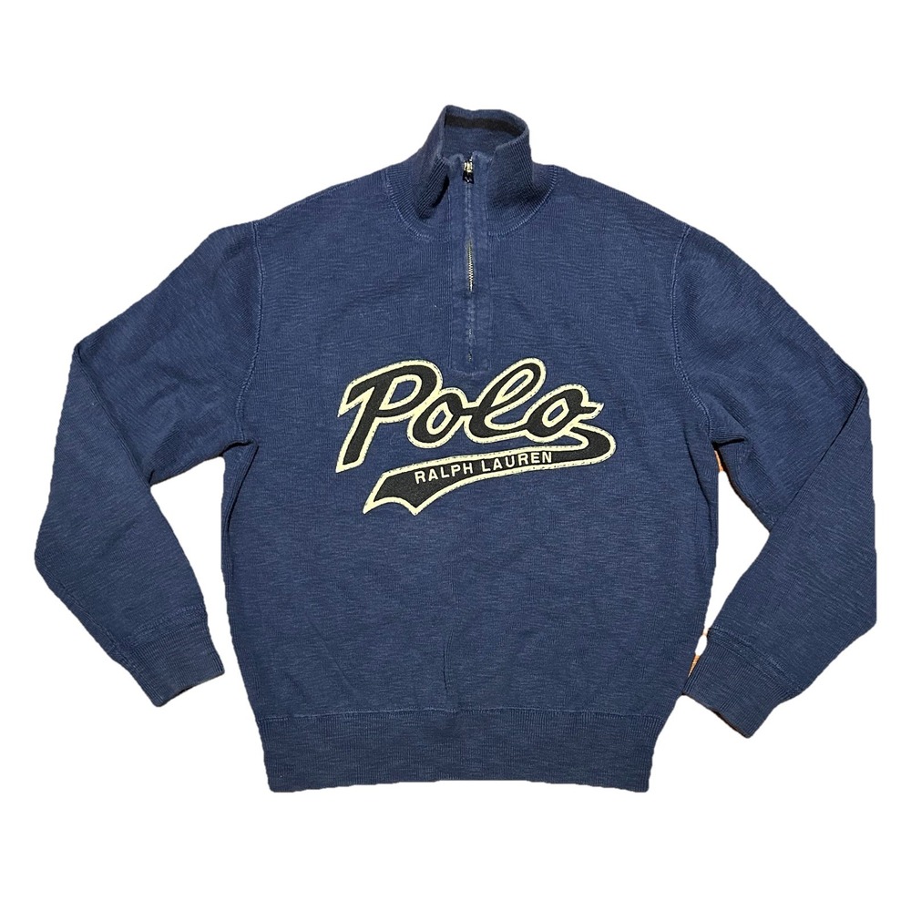 Polo Ralph Lauren Sweater Mens Large Blue 1/4 Zip Long Sleeve Spell Out Rugby
